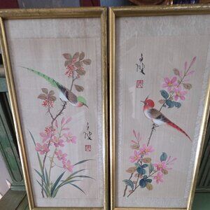 Set of 2 Framed Hand Embroidered Paintings Of Birds on Silk
